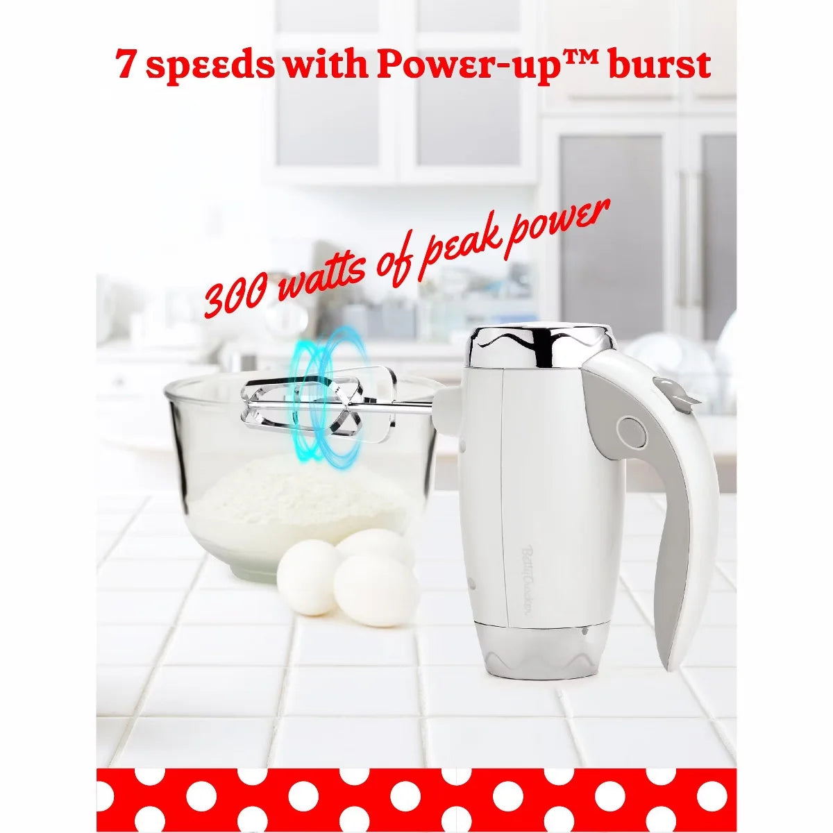 Betty Crocker 7-Speed Power-Up Hand Mixer with Stand, 300 Watt Electric Mixer with Beaters and Dough Hooks, For Home & Kitchen, BC-4208W, White