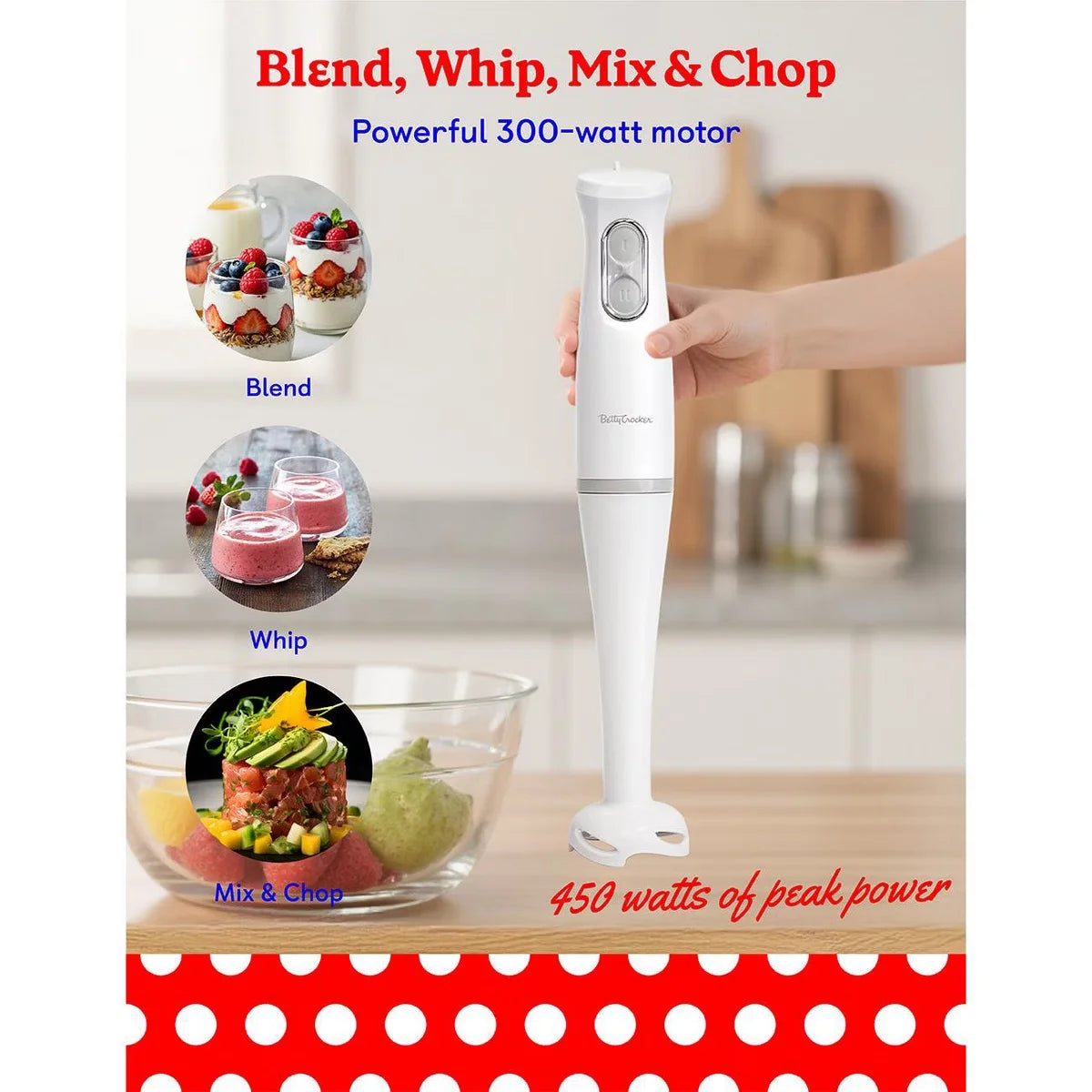 Betty Crocker 2-Speed Hand Blender with 20-Ounce Mixing Beaker, Immersion Blender, 300W Motor 450W Peak Power, BPA Free, BC-4307W, White