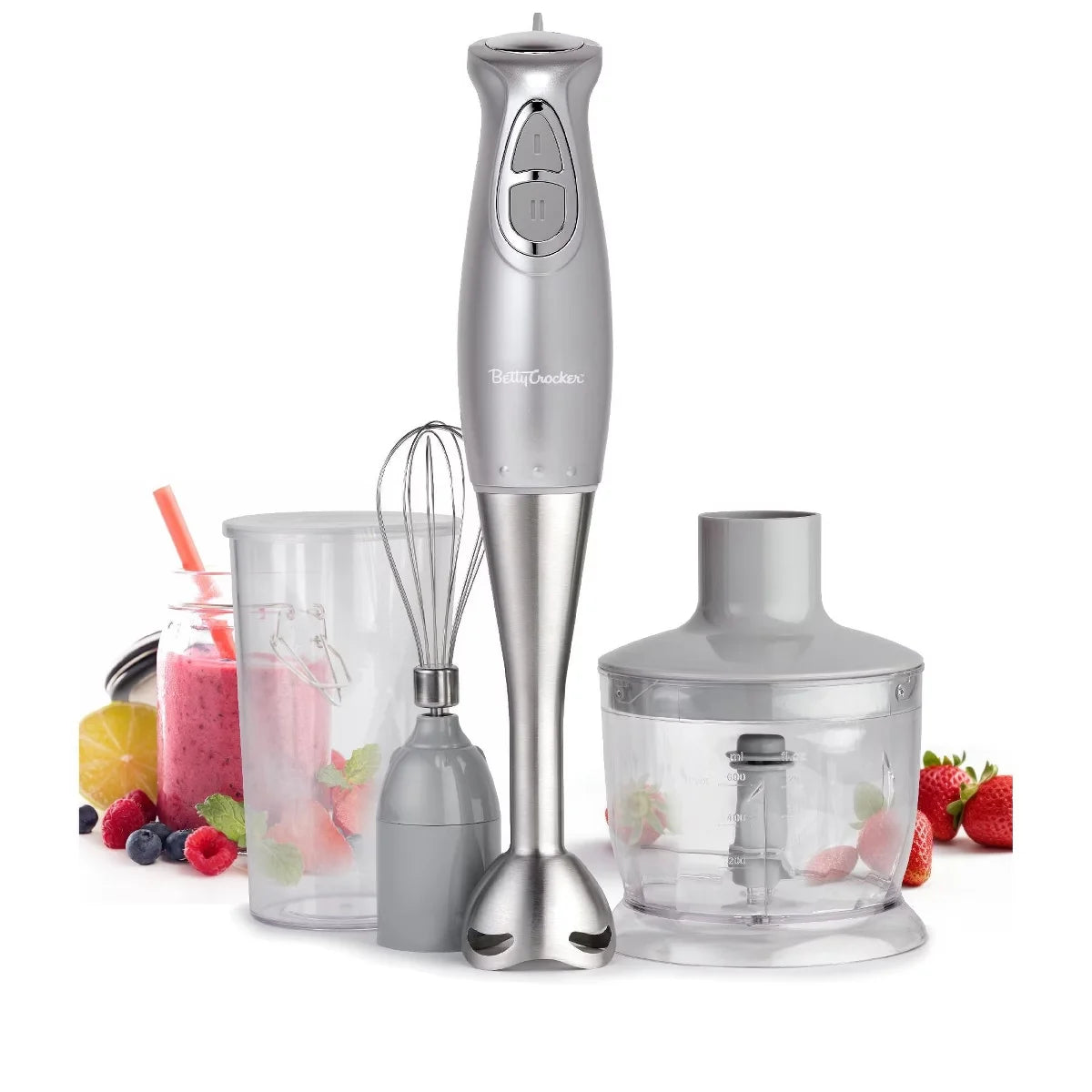 Betty Crocker 2-Speed Immersion Blender, Hand Mixer with Stainless Steel Blade, 600ml Beaker & Whisk, 250W, Ergonomic Handle, BC-4306S, Silver