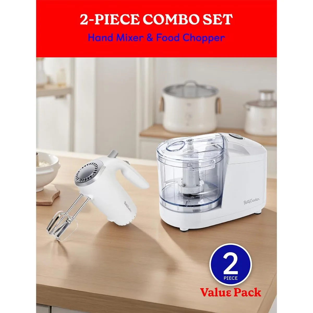 Betty Crocker 2-Piece Kitchen Appliances Combo: 5-Speed Hand Mixer with Food & Vegetable Chopper, 150W Mixer, 100W Food Processor, BC-7222W, White