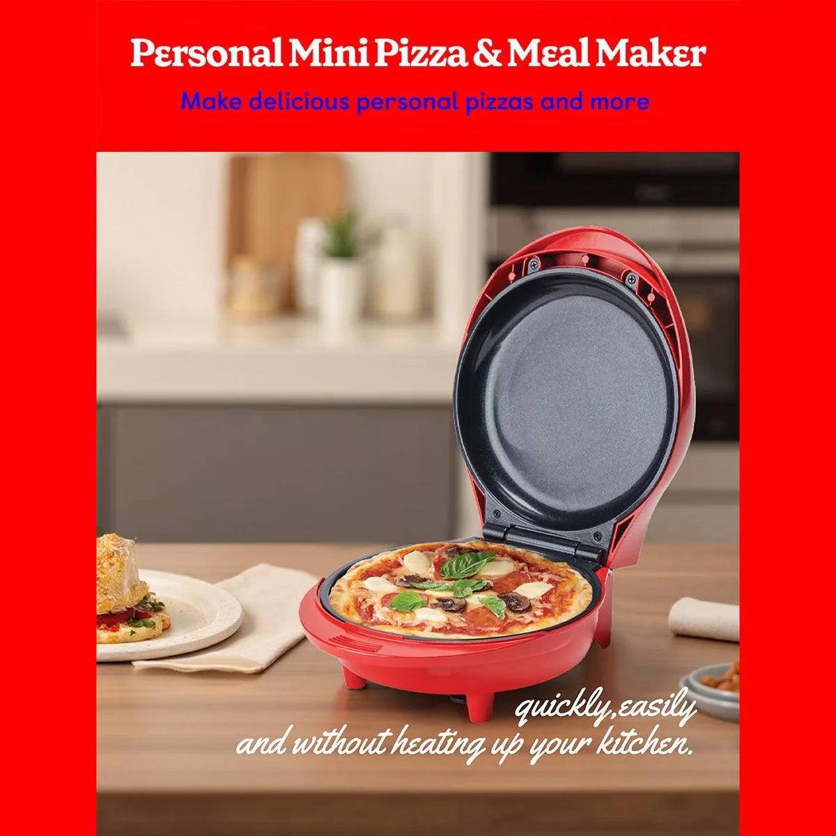 Betty Crocker 7.5" Mini Pizza & Meal Maker, 1000W Indoor Electric Grill, Nonstick Pan for Pizzas, Quesadillas, Nachos and more, BC-5962RC, Red