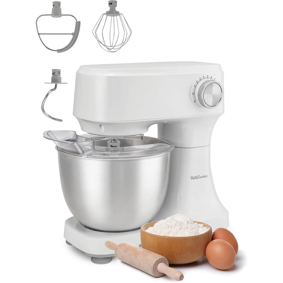 Betty Crocker 10-Speed Stand Mixer, 3.7-Qt Stainless Steel Mixing Bowl, 300 Watt Electric Kitchen Mixer with Attachment Set Included, BC-4325W, White