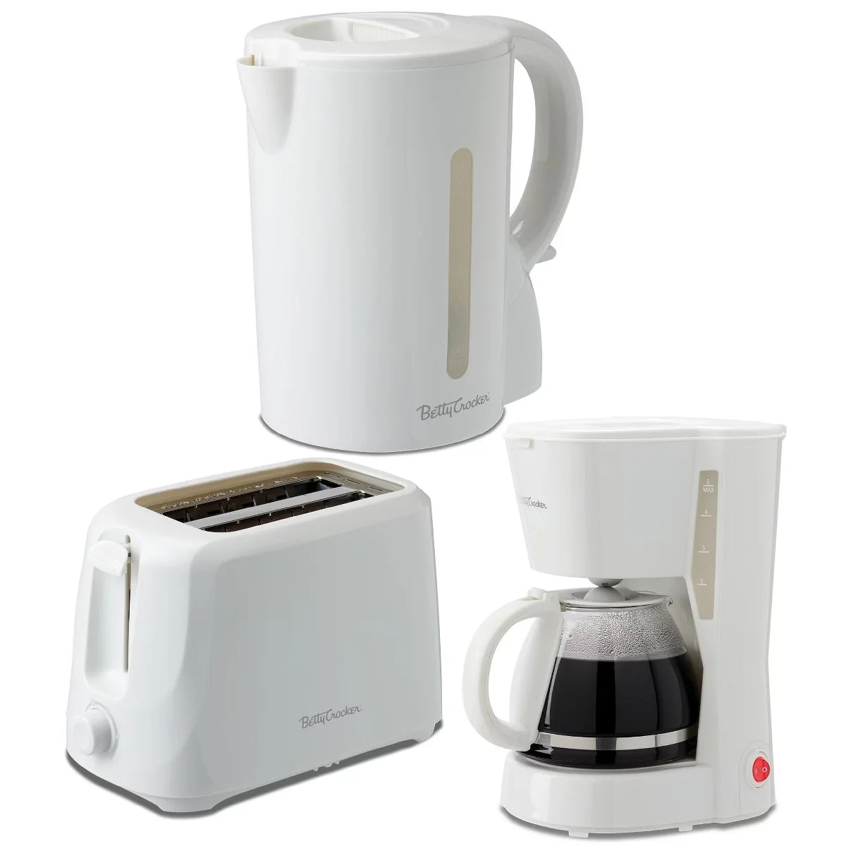 Betty Crocker 3-Piece Kitchen Appliances Set: 5-Cup Automatic Drip Coffee Maker, 1.7L Electric Kettle & 2-Slice Toaster, BC-4995W, White