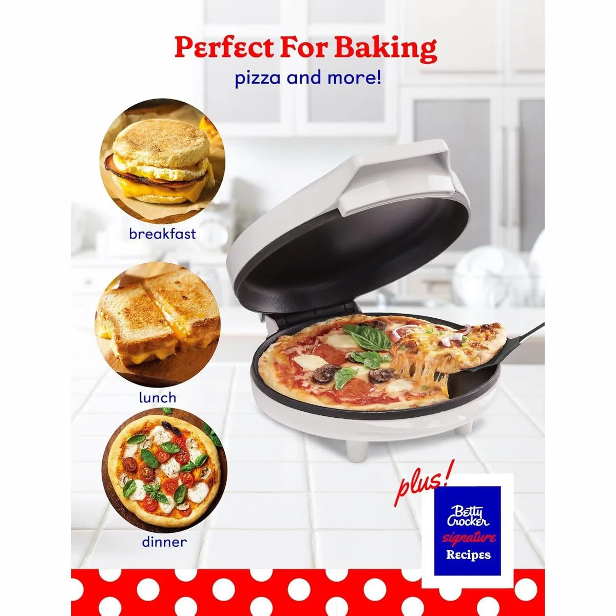 Betty Crocker 8-Inch Travel Pizza Maker Plus, Indoor Electric Grill with Insulated Travel Bag, Nonstick Pan for Quesadillas, 760W, BC-4959CW, White