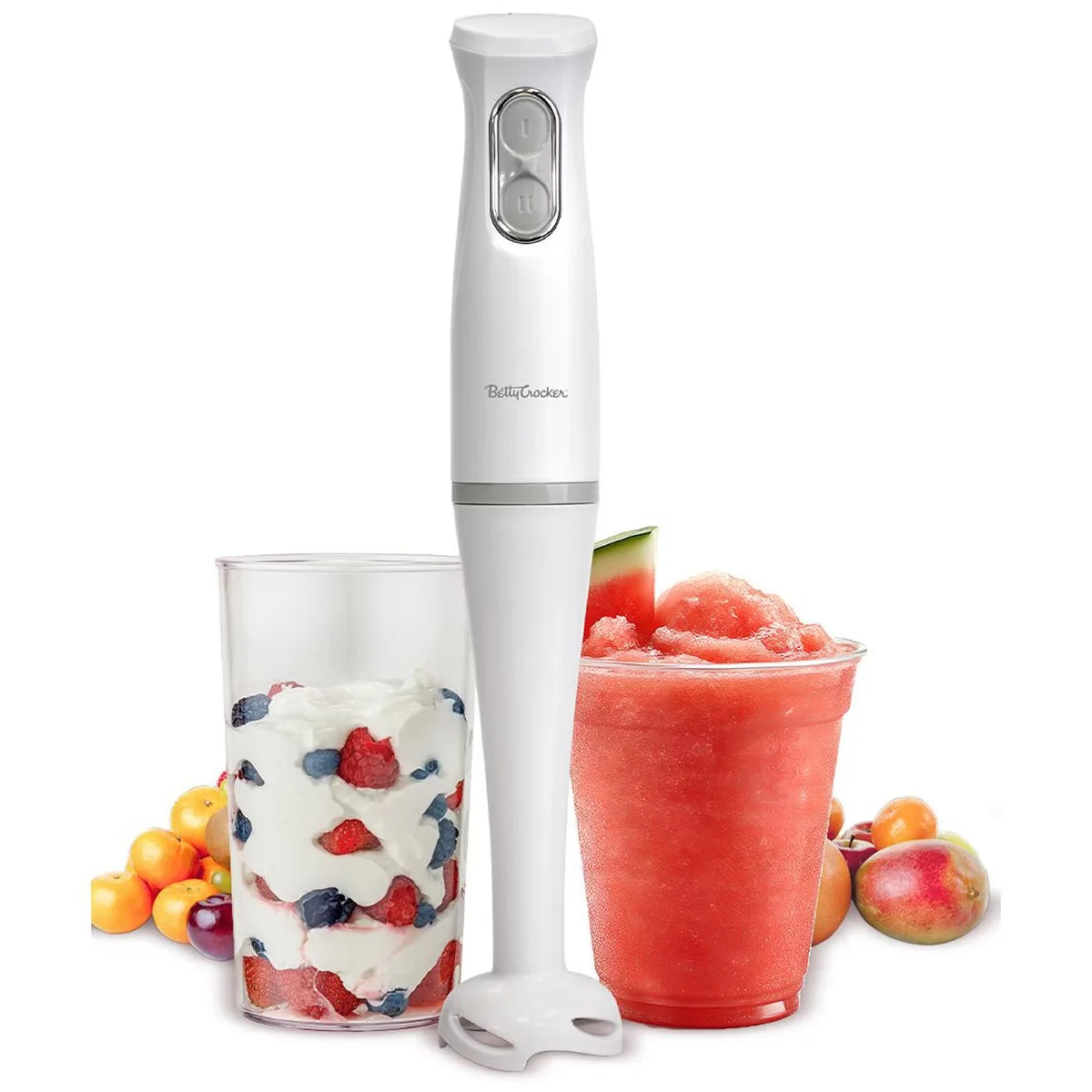 Betty Crocker 2-Speed Hand Blender with 20-Ounce Mixing Beaker, Immersion Blender, 300W Motor 450W Peak Power, BPA Free, BC-4307W, White