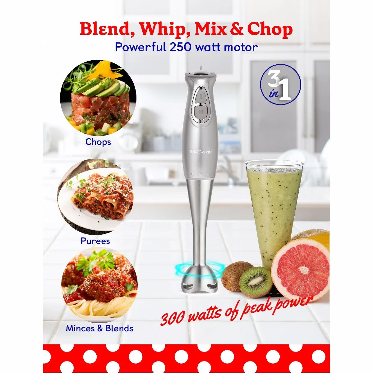 Betty Crocker 2-Speed Immersion Blender, Hand Mixer with Stainless Steel Blade, 600ml Beaker & Whisk, 250W, Ergonomic Handle, BC-4306S, Silver