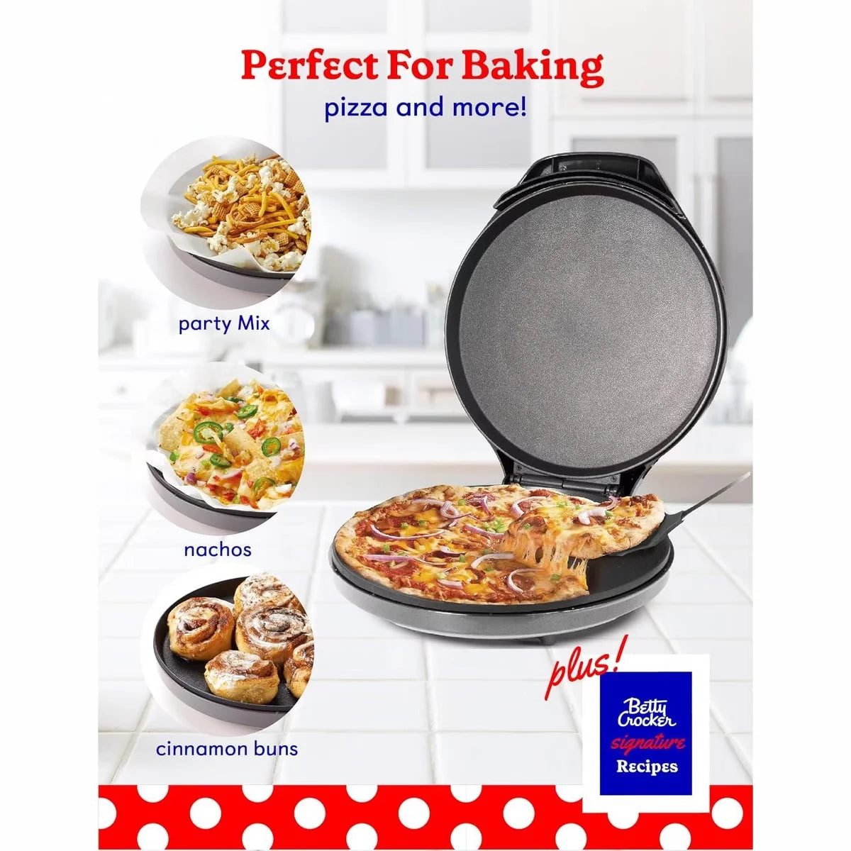 Betty Crocker Pizza Maker Plus, 12" Indoor Electric Grill, Nonstick Pan for Pizzas, Quesadillas, Tortillas, Nachos and more, 1440W, BC-2958CS, Silver