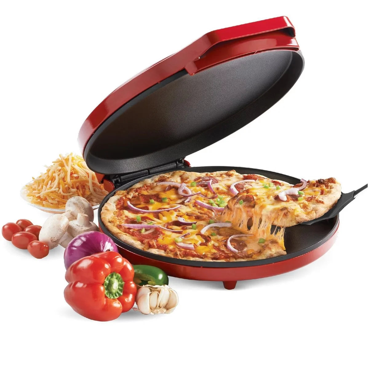 Betty Crocker Pizza Maker Plus, 12" Indoor Electric Grill, Nonstick Pan for Pizzas, Quesadillas, Tortillas, Nachos and more, 1440W, BC-2958CR, Red