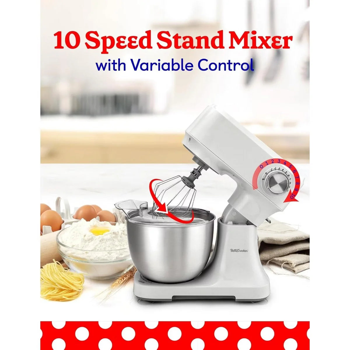 Betty Crocker 10-Speed Stand Mixer, 3.7-Qt Stainless Steel Mixing Bowl, 300 Watt Electric Kitchen Mixer with Attachment Set Included, BC-4325W, White