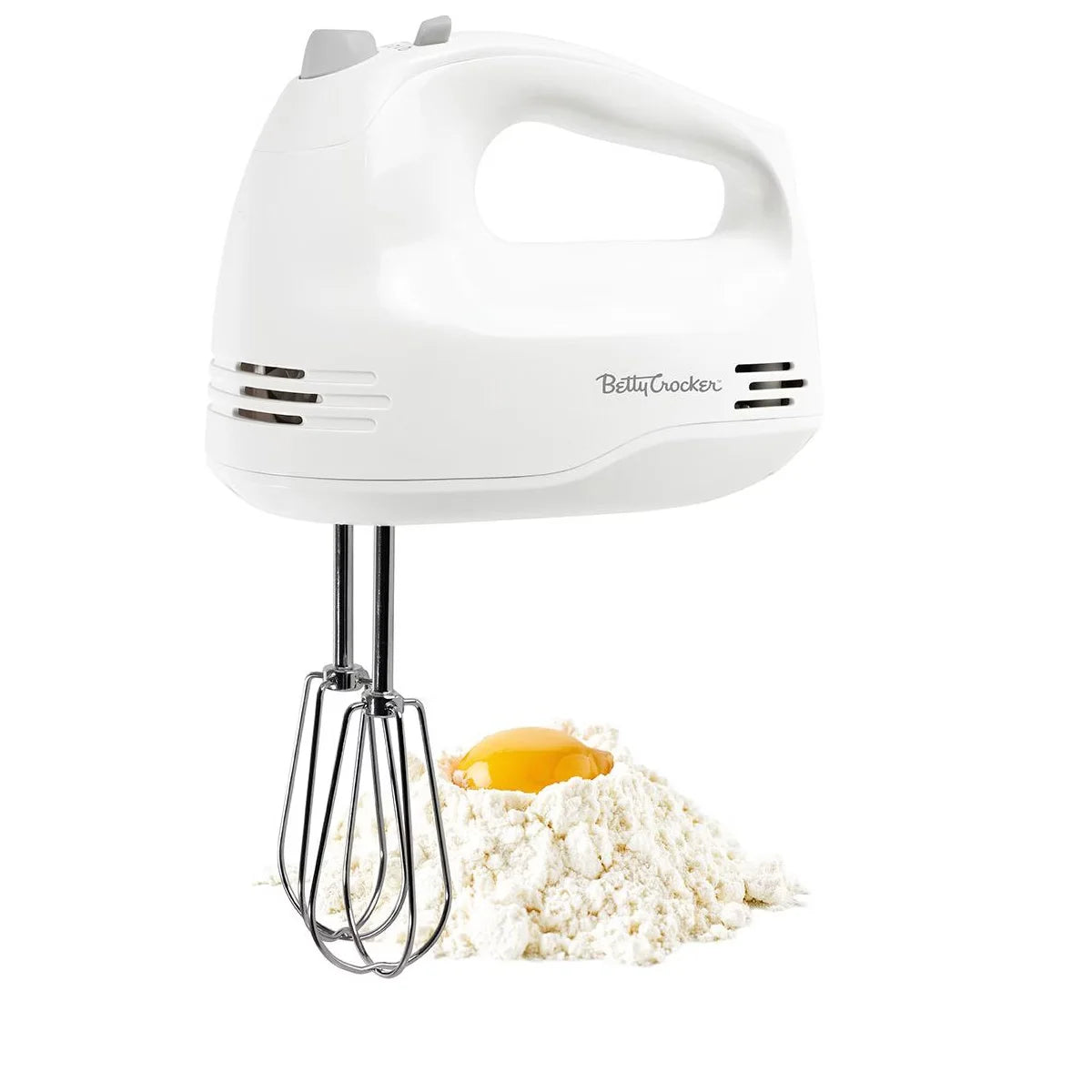 Betty Crocker 5-Speed Hand Mixer, 150 Watts Power, Easy-Clean Chrome Plate Beaters, Beater Eject Button, Heel Rest, BC-4203WT, White