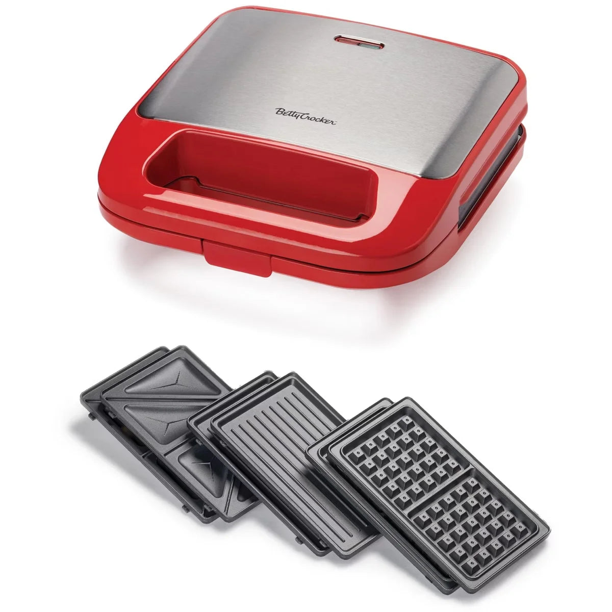 Betty Crocker 3-in-1 Indoor Grill, Sandwich / Panini Press & Waffle Maker Plus, Interchangeable Non-Stick Plates, 750 Watts, BC-4965R, Red