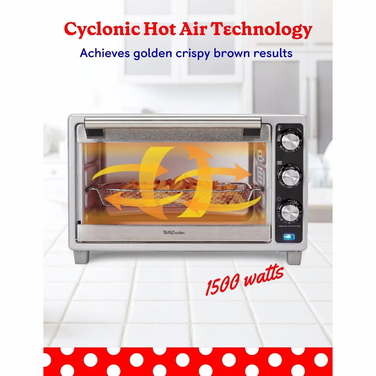 Betty Crocker Air Fryer Convection Toaster Oven, 0.7 Cu. Ft. 22-Liter Capacity, 7 Function Convection Oven, 1500 Watts, BC-4637S, Silver