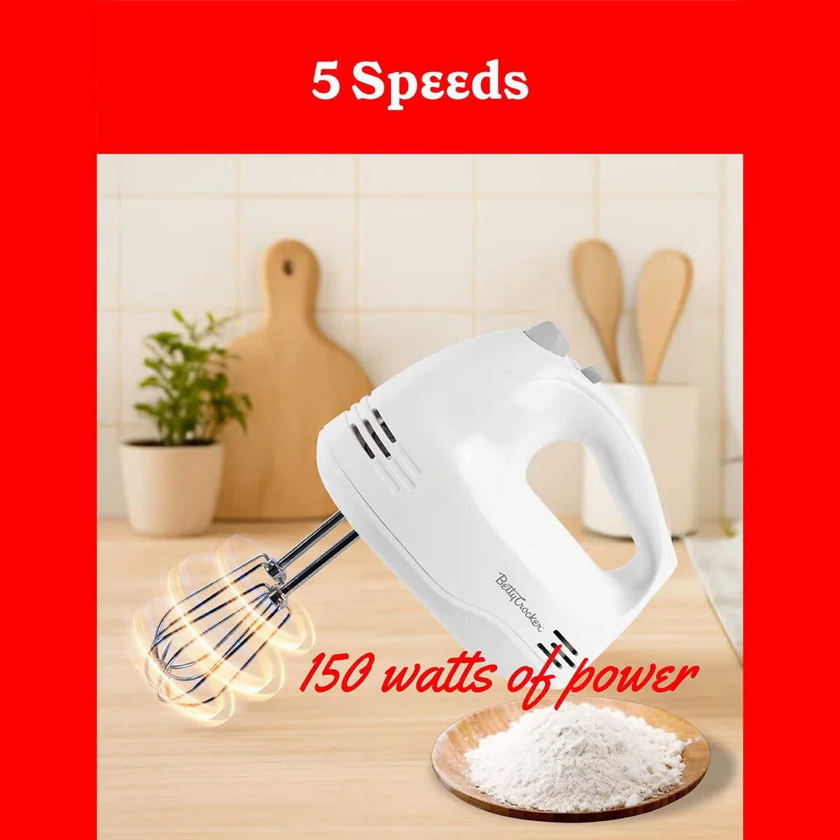 Betty Crocker 5-Speed Hand Mixer, 150 Watts Power, Easy-Clean Chrome Plate Beaters, Beater Eject Button, Heel Rest, BC-4203WT, White