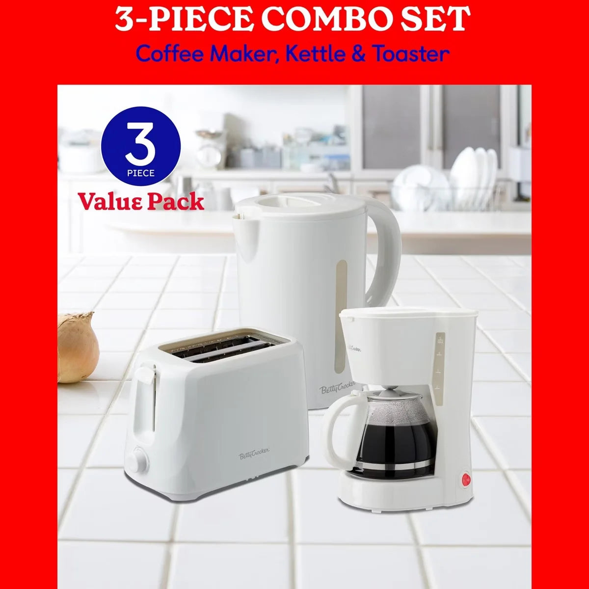 Betty Crocker 3-Piece Kitchen Appliances Set: 5-Cup Automatic Drip Coffee Maker, 1.7L Electric Kettle & 2-Slice Toaster, BC-4995W, White