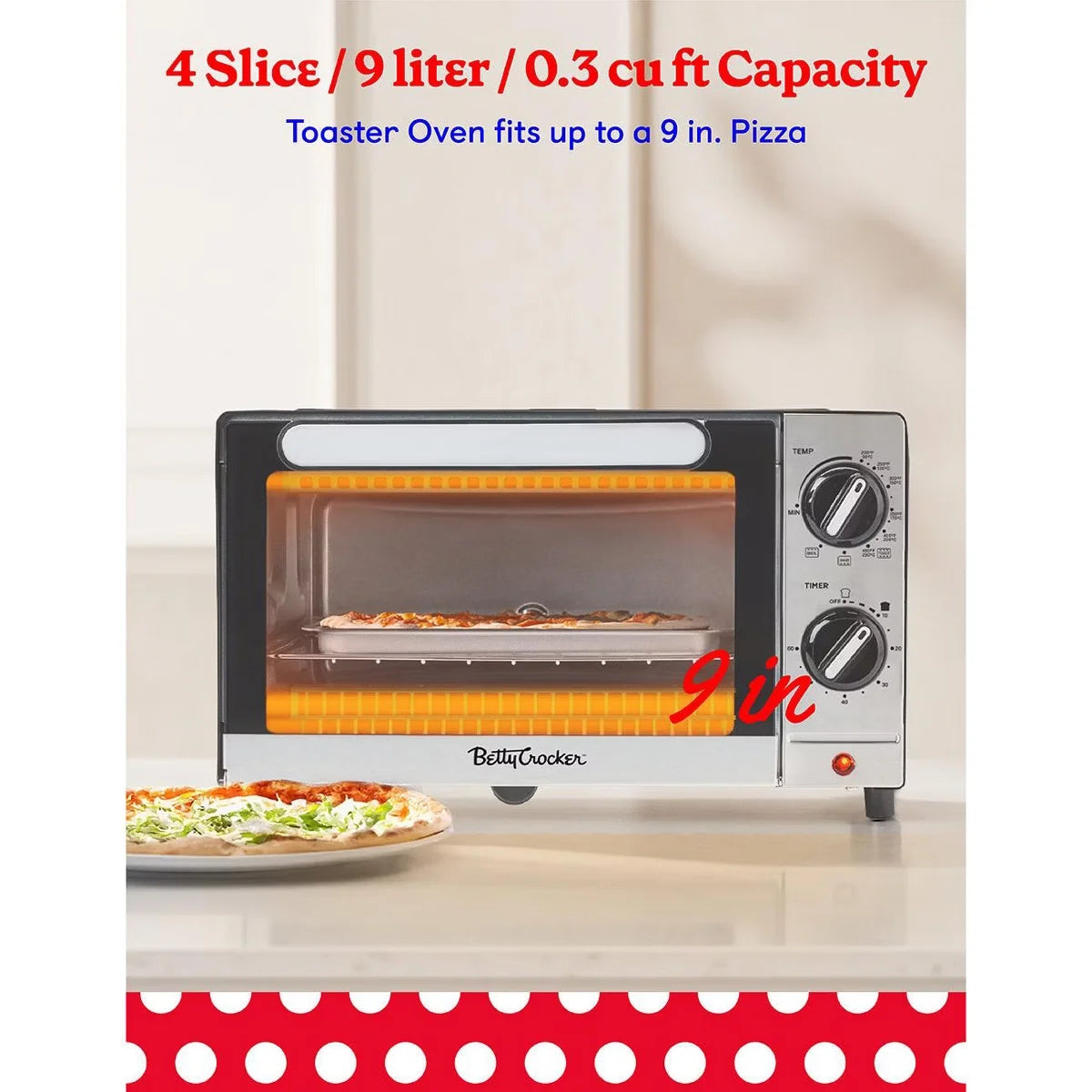 Betty Crocker 9L Toaster Oven, 2-Slice Toaster with Bake, Broil & Toast Functions, Includes Baking Pan & Rack, BC-5665B, Black/Silver