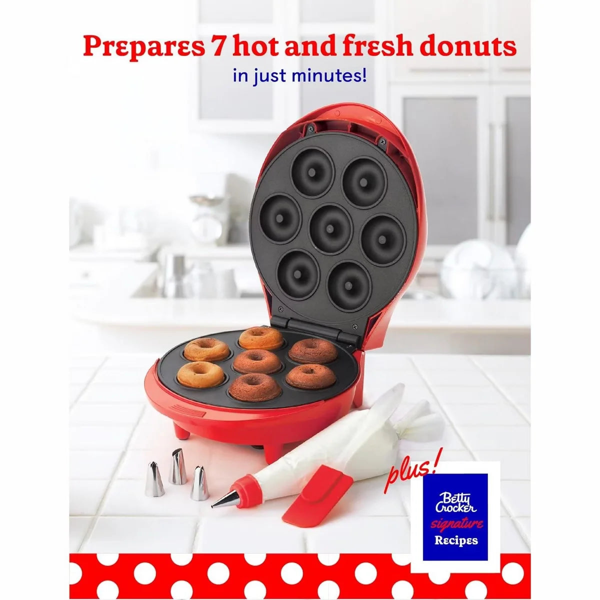 Betty Crocker Mini Donut Maker, Nonstick Surface, Cool Touch Handle & Makes 7 Delicious Fresh Donuts in Minutes, 1000 Watts, BC-2938CO, Red