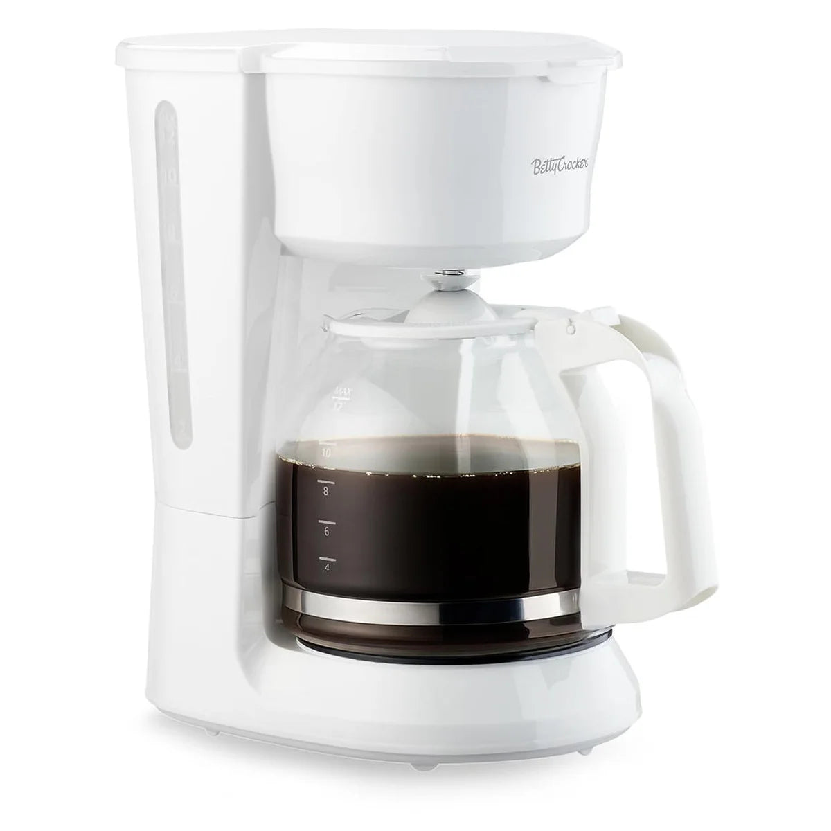 Betty Crocker 12-Cup Drip Coffee Maker with Heat Resistant Glass Carafe, Removable Filter Holder, Water Level Gauge, Non-Stick Warming Plate, White
