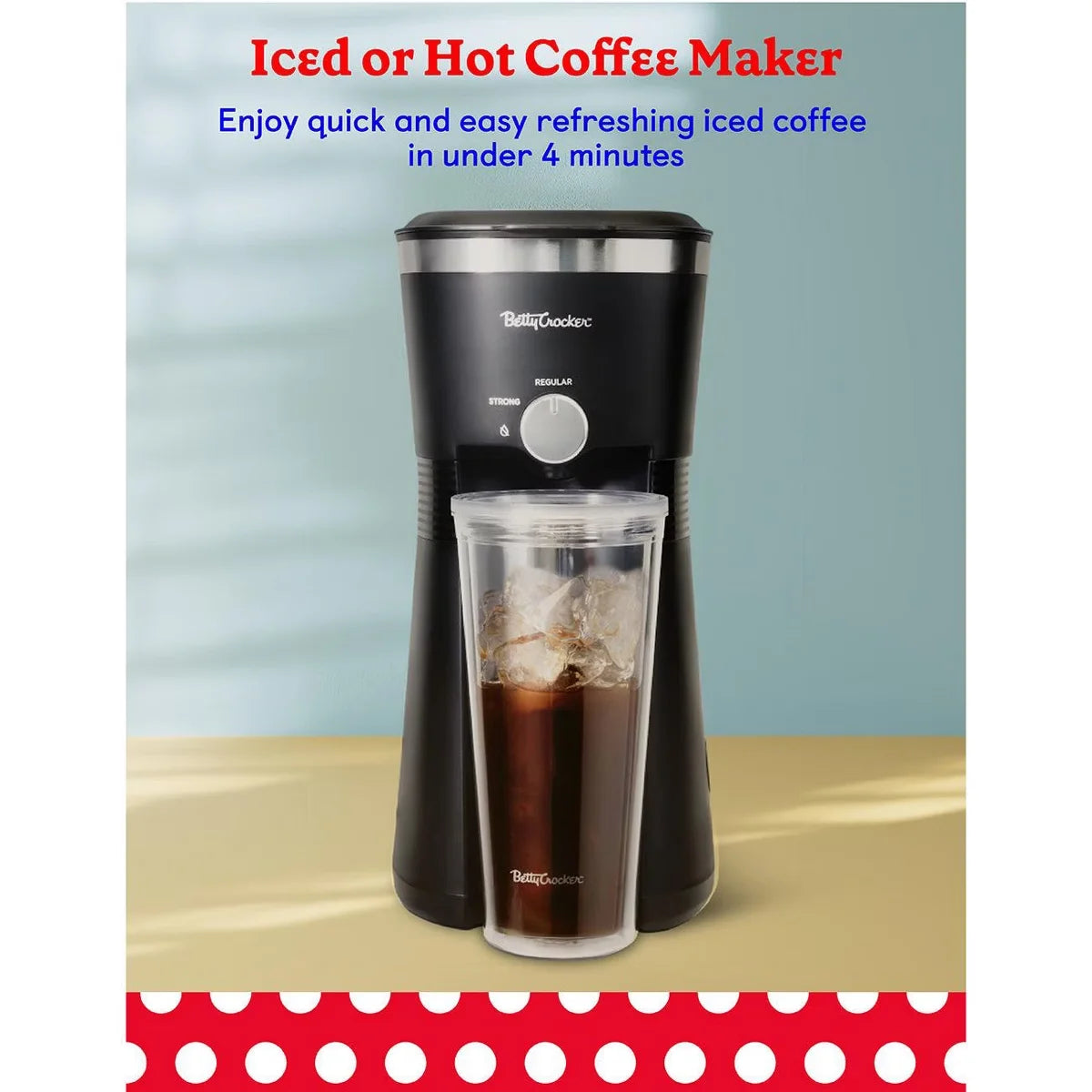Betty Crocker Coffee Maker for Iced & Hot Brew, Compact Iced Coffee Machine with Chrome Accents, Reusable Filter, BPA-Free, Black
