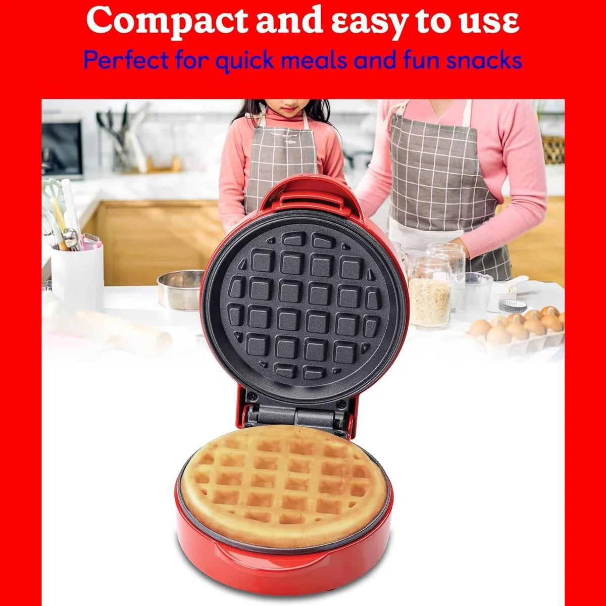 Betty Crocker Mini Waffle Maker, 550W Compact Kitchen Appliance, Makes 4.5" Waffle, 4.9" Non-Stick Plates, Recipes Included, BC-4888R, Red