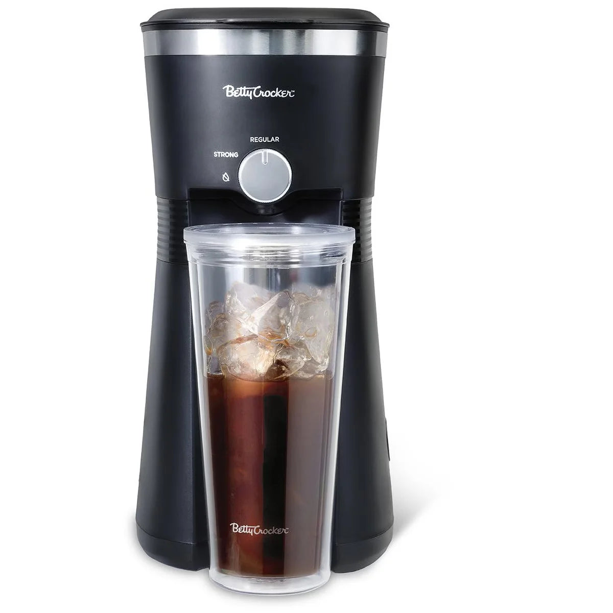 Betty Crocker Coffee Maker for Iced & Hot Brew, Compact Iced Coffee Machine with Chrome Accents, Reusable Filter, BPA-Free, Black
