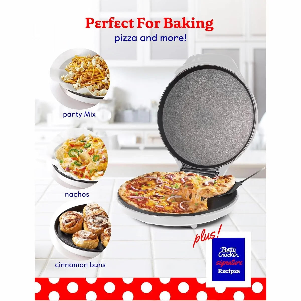 Betty Crocker Pizza Maker Plus, 12" Indoor Electric Grill, Nonstick Pan for Pizzas, Quesadillas, Tortillas, Nachos and more, 1440W, BC-2958CW, White