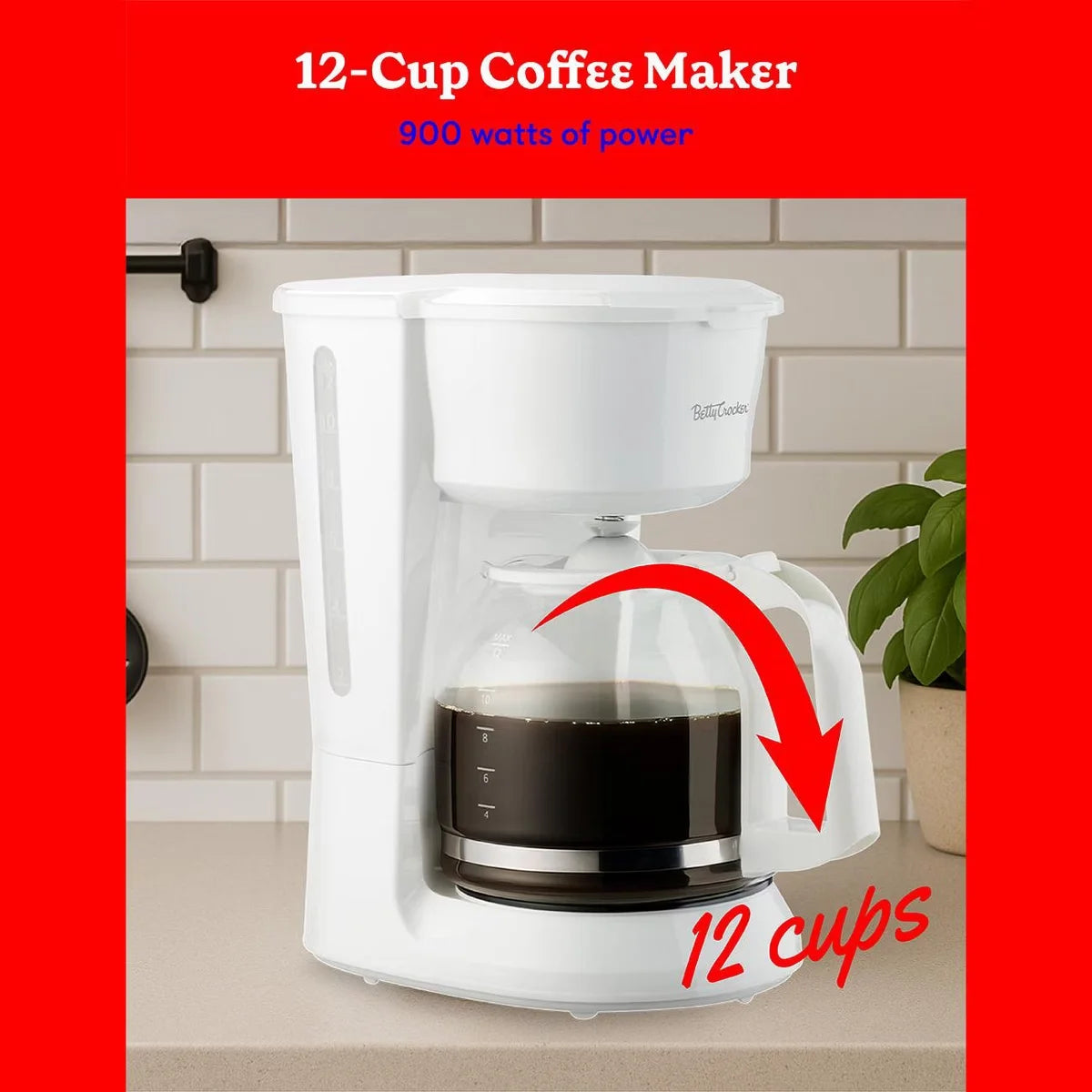 Betty Crocker 12-Cup Drip Coffee Maker with Heat Resistant Glass Carafe, Removable Filter Holder, Water Level Gauge, Non-Stick Warming Plate, White