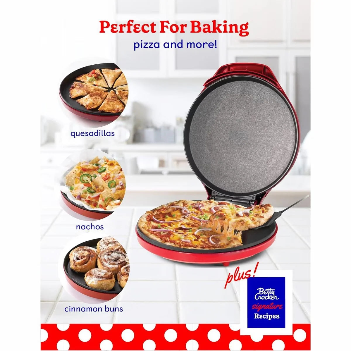 Betty Crocker Pizza Maker Plus, 12" Indoor Electric Grill, Nonstick Pan for Pizzas, Quesadillas, Tortillas, Nachos and more, 1440W, BC-2958CR, Red
