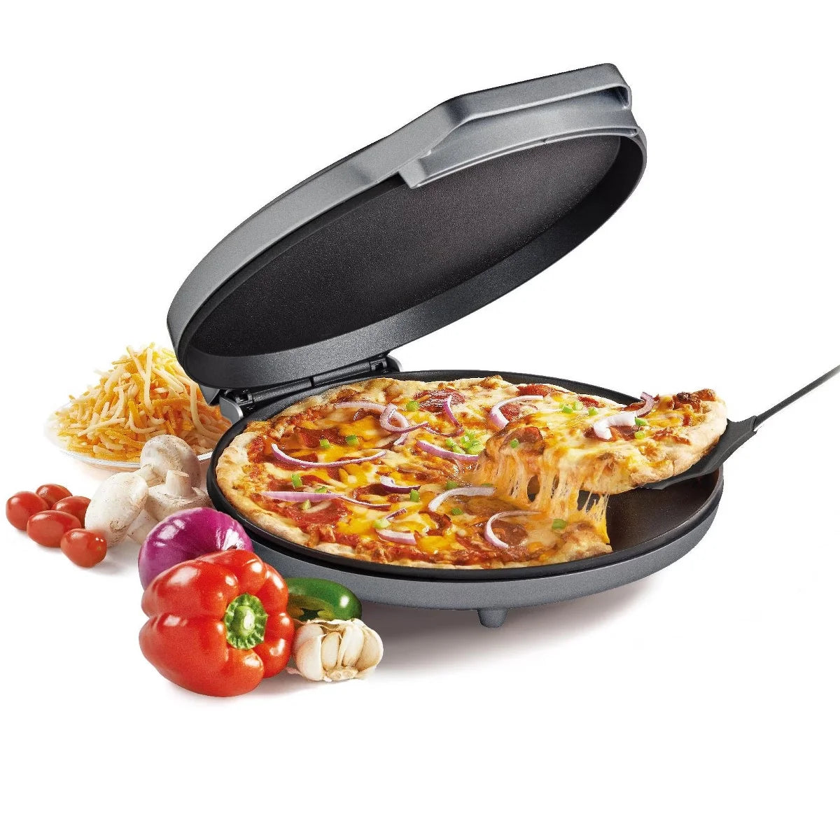 Betty Crocker Pizza Maker Plus, 12" Indoor Electric Grill, Nonstick Pan for Pizzas, Quesadillas, Tortillas, Nachos and more, 1440W, BC-2958CS, Silver