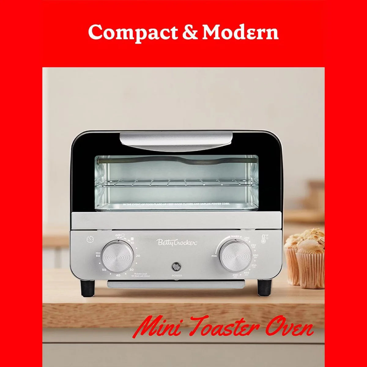Betty Crocker Mini Toaster Oven, Compact Countertop Oven, 7-Liter Capacity, 750W, Includes Baking Tray & Rack, BC-5629S, Gray/Black